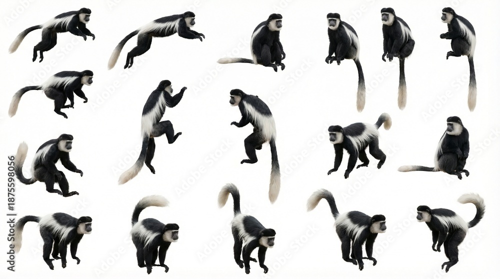 Fototapeta premium Black and white colobus monkeys in various poses and movements 
