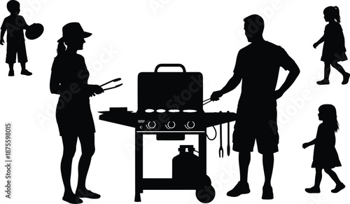 Black Silhouette of Happy Family with Children Having Outdoor Barbecue Party Using Gas Grill for Summer Vacation Backyard Cooking and Healthy Lifestyle Concept