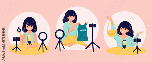 Female blogger product review sharing media content in the internet social media