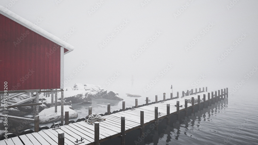 Obraz premium Silent winter coastline, Misty frosty harbor scene, Quiet snowy dock with red boat hut, Calm foggy port with snowcovered wooden pier and boathouse