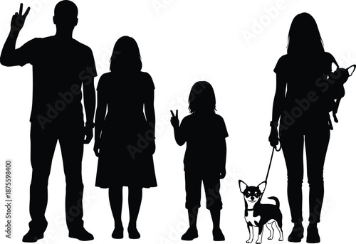 Black Silhouette Vector Illustration of a Happy Family Group With Two Children and Their Pet Chihuahua Dogs Making Peace Signs Isolated on White Background