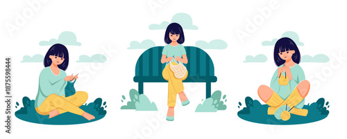 Young female knitting in public  needle work craft hobby