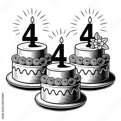 three small cakes with number four candles on top