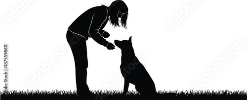 Black Silhouette Vector Illustration of a Young Woman Training Her Loyal Dog While Standing in a Grassy Meadow Field Isolated on White Background Set