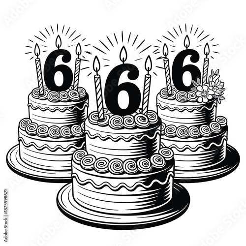 three cakes with six candles on top for a birthday celebration