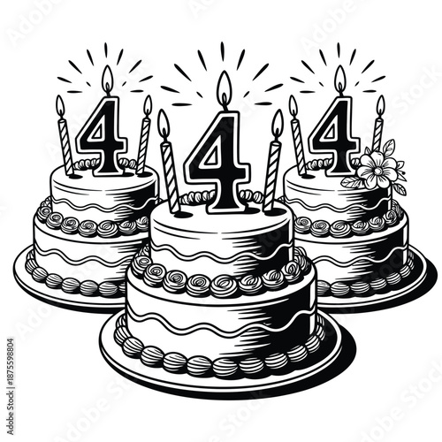 Three cakes with four candles on each birthday cake