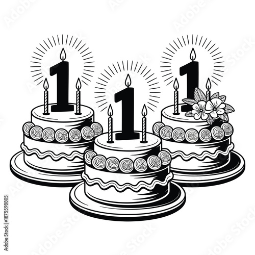 three cakes with candles and number one decorations on top