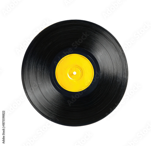 A close-up studio shot of a vinyl record with a yellow center label on a black background