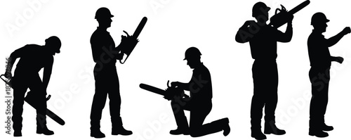 Black Silhouette Vector Set of Professional Lumberjack Woodcutters and Forestry Workers Wearing Hard Hats Operating Chainsaws in Various Poses Isolated on White Background
