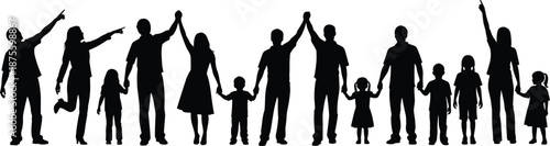 Black Silhouettes of Diverse Group of People and Families Holding Hands and Pointing Upwards Toward Future Goals Success Unity and Community Togetherness Concept Illustration