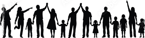 Black Silhouettes of Diverse Group of People and Families Holding Hands and Pointing Upwards Toward Future Goals Success Unity and Community Togetherness Concept