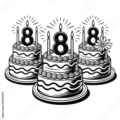 three birthday cakes with eight candles on top each