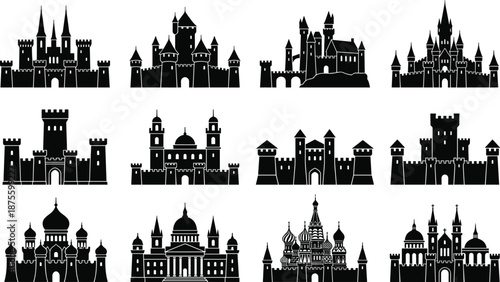 PrintCollection of Medieval Castle and World Landmark Silhouettes Featuring Fortresses Palaces and Cathedrals Isolated on White Background for Historical Design Projects