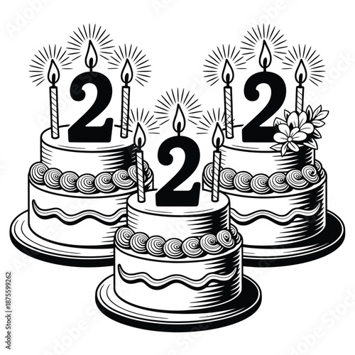 three cakes with lit candles and number twenty two on top