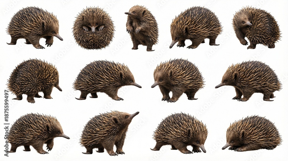 Fototapeta premium Twelve different poses of hedgehogs on a white background 