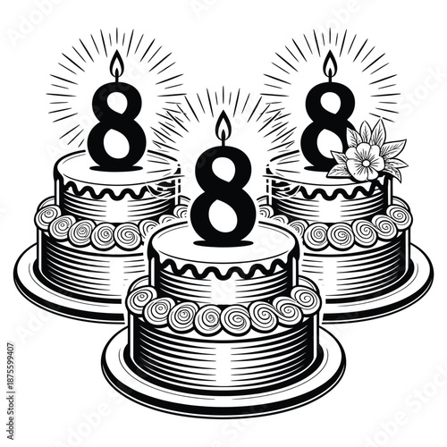 three cakes with eight candles on top for celebration