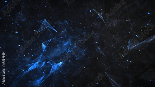 Futuristic digital blue network of interconnected glowing nodes forming abstract geometric space technology data structure.