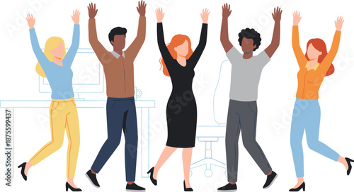 Business team celebrating success in modern office, teamwork, collaboration, motivation, diversity, achievement, happiness, corporate culture, unity