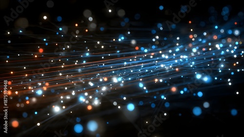Futuristic digital network of glowing blue orange fiber optic connections transmitting data energy through abstract technological space.