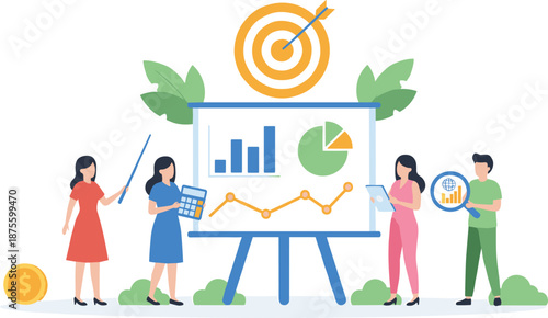 Business teamwork, data analysis, financial planning, goal achievement, strategy presentation, charts, collaboration, success, growth, digital tools, innovation