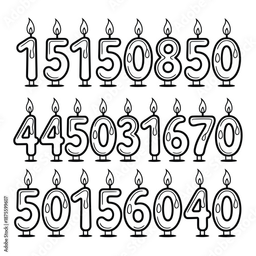 black and white illustration of numbers made of birthday candles