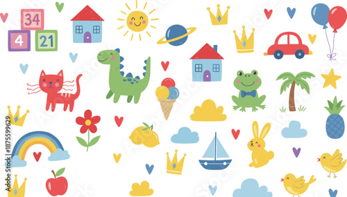 Colorful cartoon animals, fruits, vehicles, and nature elements for kids, playful children’s illustration, educational design, cheerful background