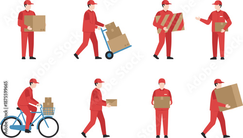 Delivery workers in red uniform, carrying packages, pushing carts, riding bikes, showcasing logistics and courier service tasks