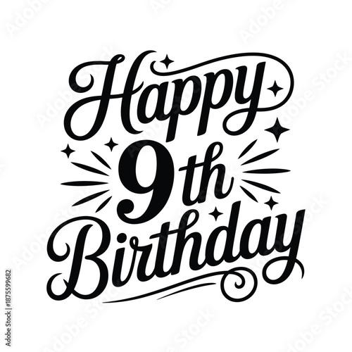 happy 9th birthday greeting with decorative text and stars