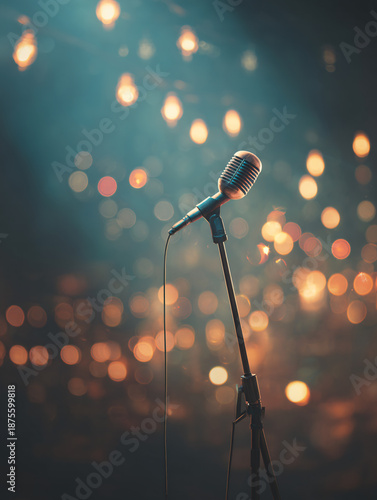 Vintage microphone on a stand against a bokeh background of stage lights.