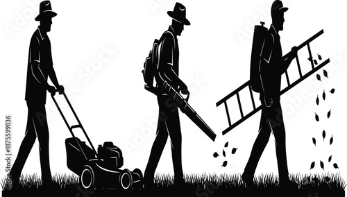 Professional Landscaping Service Crew Silhouette Using Lawn Mower Leaf Blower and Ladder for Commercial Gardening Property Maintenance Yard Work and Seasonal Outdoor Groundskeeping Industry