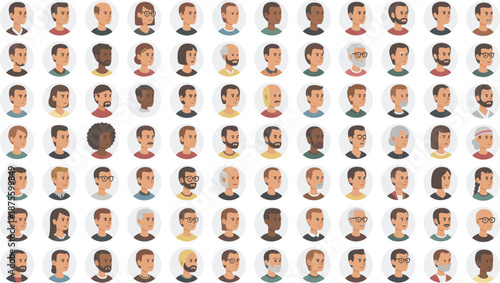 Diverse avatar collection, multicultural faces, cartoon style, character icons, digital portraits, flat design, vector illustration set