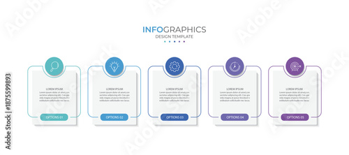 Process business infographic thin line with square template design with icons and 5 options or steps.