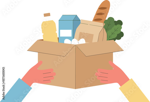 Grocery delivery box with fresh food, milk, bread, eggs, vegetables, carton, hands holding package, healthy lifestyle concept