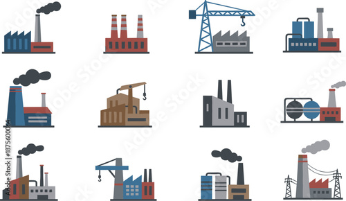 Industrial factory icons set, manufacturing buildings, energy plants, chemical refineries, construction sites, engineering infrastructure, vector illustration