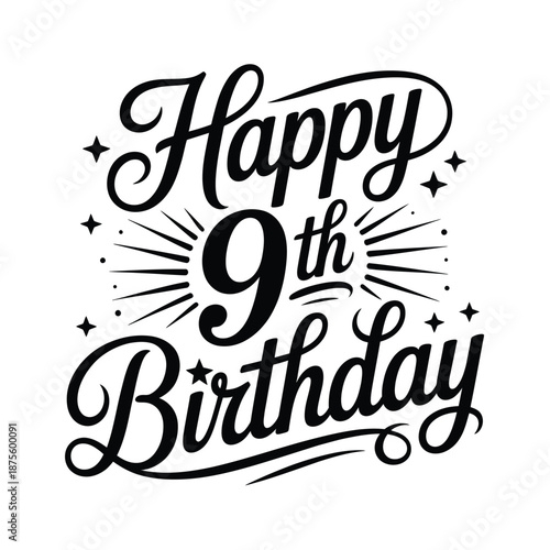 happy 9th birthday celebration with elegant calligraphy and stars