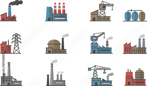 Industrial infrastructure icons, factory and energy sector illustrations, power plant, refinery, construction, utility, stylized vector set