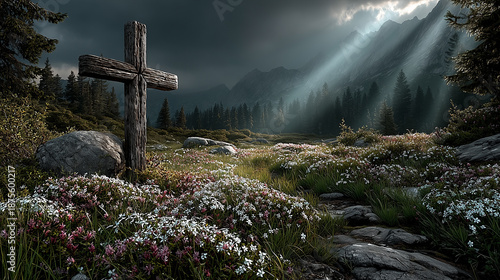 Holy cross standing in an open field with divine sunrays falling - ai generative
