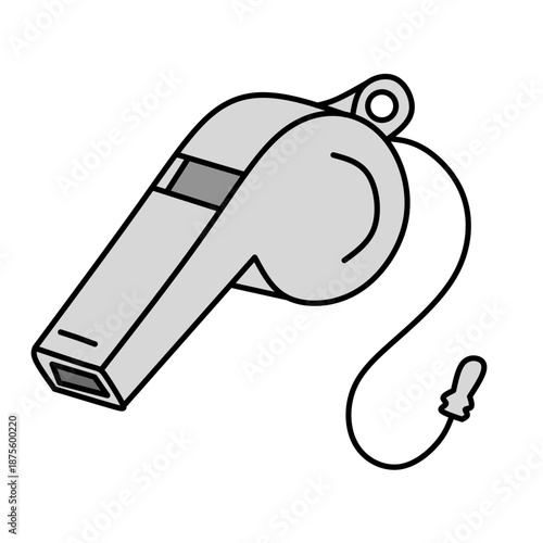 Gray cartoon picture of a referee whistle with black outline. Perfect for sportsrelated designs, coaching materials, and fitness graphics