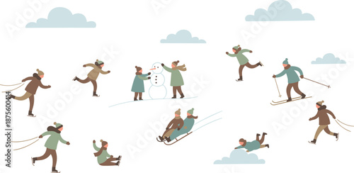 Winter fun in snowy landscape, children and adults enjoying ice skating, skiing, sledding, snowman building, outdoor recreation, holiday joy