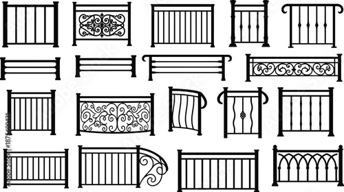 Decorative railing and fence collection, wrought iron balcony designs, vintage metal balustrade illustrations, architectural elements set, black and white line art