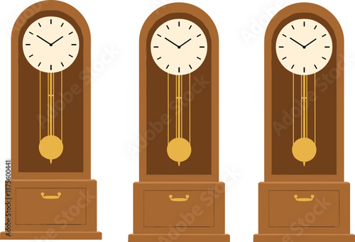 Vintage grandfather clock illustration, classic wooden timepiece design, antique pendulum clock art, traditional mechanical wall decor