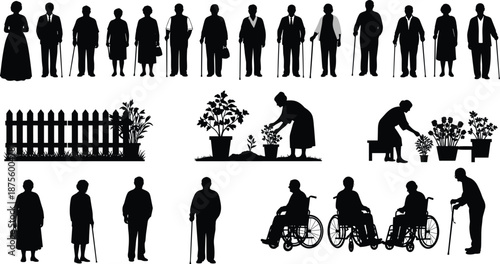 Elderly silhouette activities, senior care, mobility aids, gardening, wheelchair, walker, cane, aging lifestyle, black and white, daily life, retirement scene, senior independence, silhouette grid
