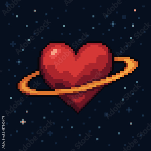 Pixelated red heart with a ring in space on a dark background for cosmic love concept