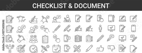 Outline line icons set for checklist, document, mobile app, task management, approval, feedback, productivity workflow, business UI UX, digital forms and office interface design