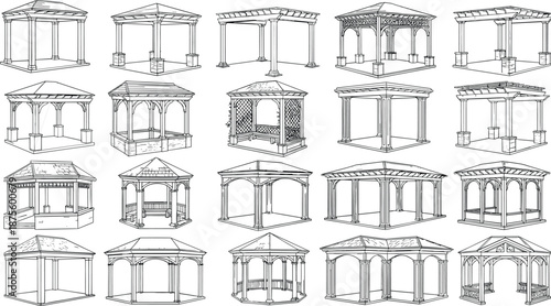 Gazebo pavilion architectural line art collection, outdoor pergola design illustrations, classic wooden garden structures, detailed construction drawings, black and white set