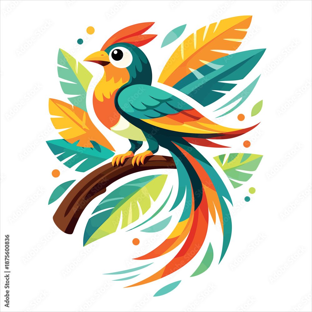 Fototapeta premium Colorful Tropical Bird Vector with Exotic Leaves – Cute Jungle Wildlife Illustration