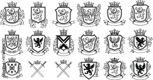 Heraldic coat of arms collection, medieval royal crest designs, vintage lion eagle shields, classic monarchy emblem set, black white vector