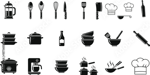 Kitchen utensils, cooking tools, chef icons, culinary equipment, food preparation, kitchenware, black and white, vector, silhouette, restaurant, baking, boiling, frying