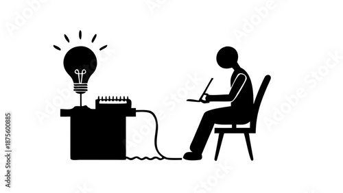 A silhouette of a person sitting and typing on a typewriter with a giant lightbulb appearing above their head .