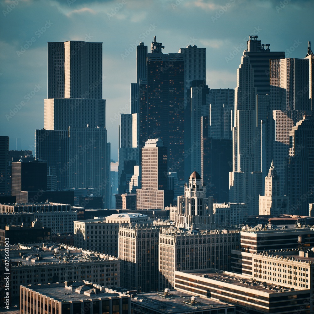 Obraz premium As dusk settles over the city, the skyline showcases a blend of modern and historic architecture. Buildings glow in the fading light, creating a vibrant urban atmosphere.